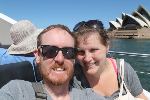 Mike's Massive Head Dwarfing Hanna and the Opera House. (He Tells Himself It's the Angle.)